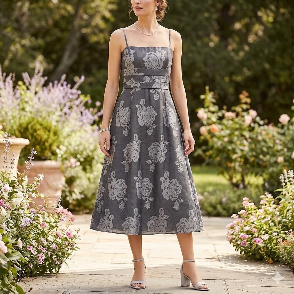 Ann Taylor Silver & Charcoal Rose Floral Midi Dress Size 8 - Wedding Guest Event